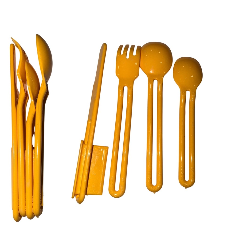 2 Vintage 1986 IDC Marketing Yellow Plastic Nesting Camping Flatware Made in USA